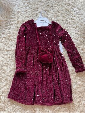 Tahari Burgundy Sequin Velvet Girls Dress with Matching Velvet Pouch